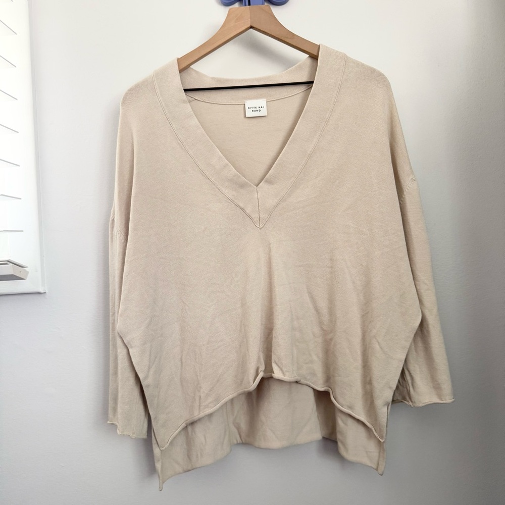 Bitte Kai Rand 1 XS/Small V Neck Oversized Long Sleeve Top Beige Slit Cut Dolman